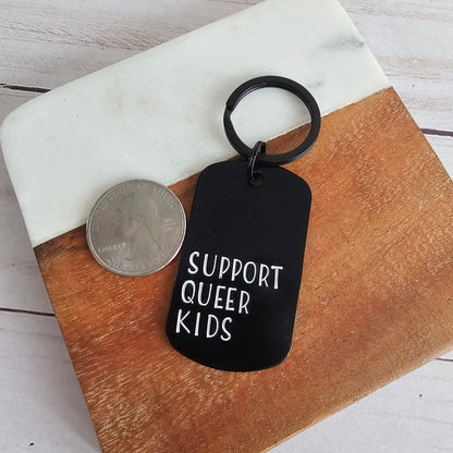 Support Queer Kids Black Dog Tag Keychain, Handstamped Lightweight Key Chain