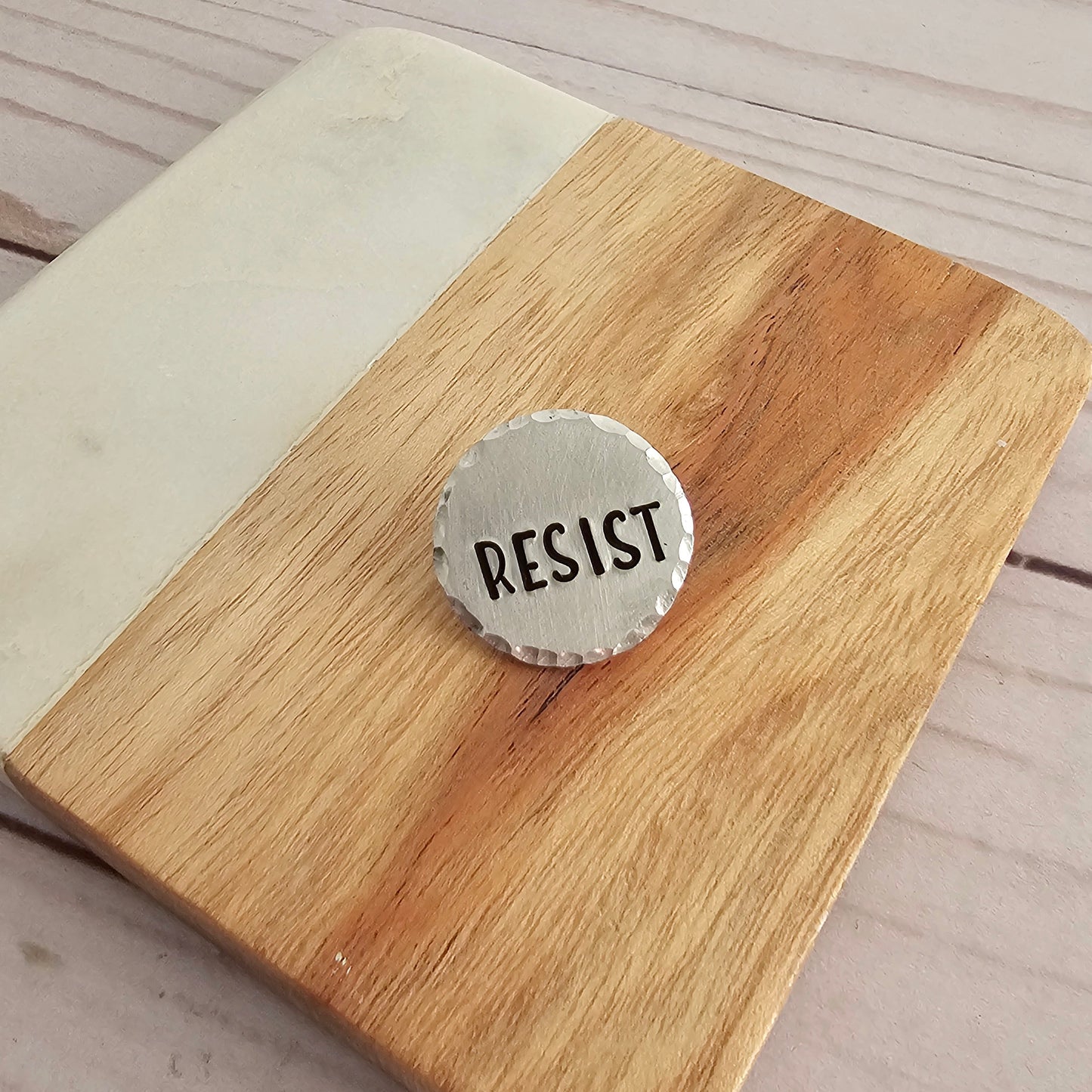 RESIST Round Pin, Hand Stamped Resist Pins