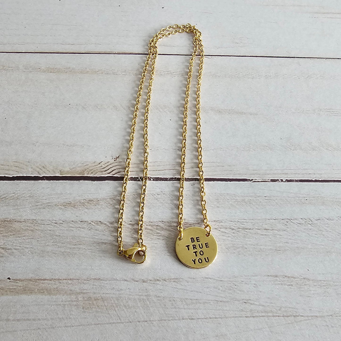 Tiny Brass Disc Necklace with Saying - Be True To You, Know Your Worth, Bad Vibes Only, Eff You See Kay, Let That Shit Go