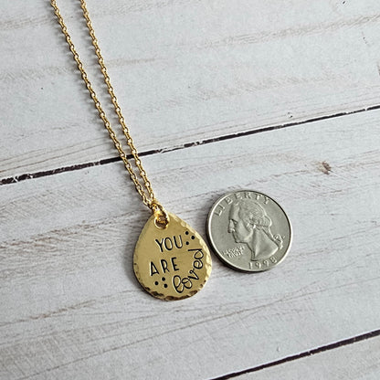 Brass Drop Necklace, Trendy Jewelry, Choose Your Saying - Just Breathe, Proud Mama, What If It All Works Out, You Are Loved