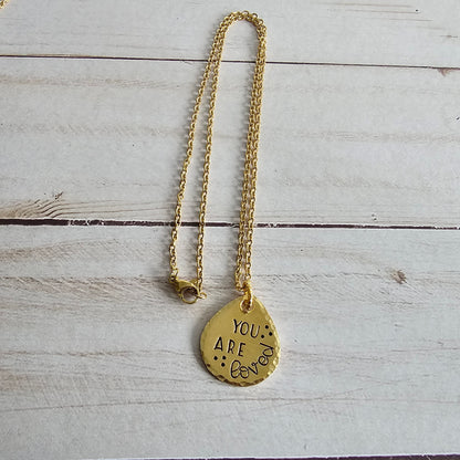 Brass Drop Necklace, Trendy Jewelry, Choose Your Saying - Just Breathe, Proud Mama, What If It All Works Out, You Are Loved