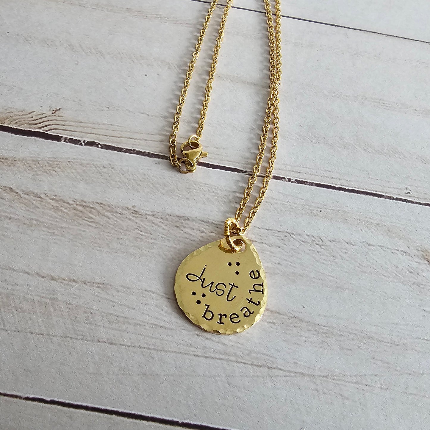 Brass Drop Necklace, Trendy Jewelry, Choose Your Saying - Just Breathe, Proud Mama, What If It All Works Out, You Are Loved