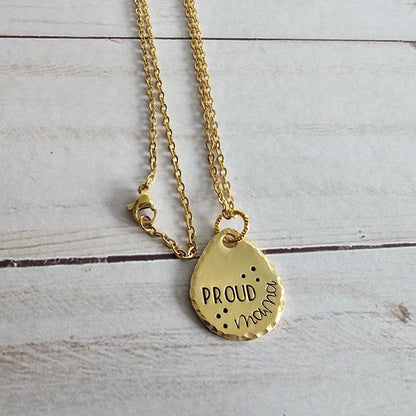 Brass Drop Necklace, Trendy Jewelry, Choose Your Saying - Just Breathe, Proud Mama, What If It All Works Out, You Are Loved