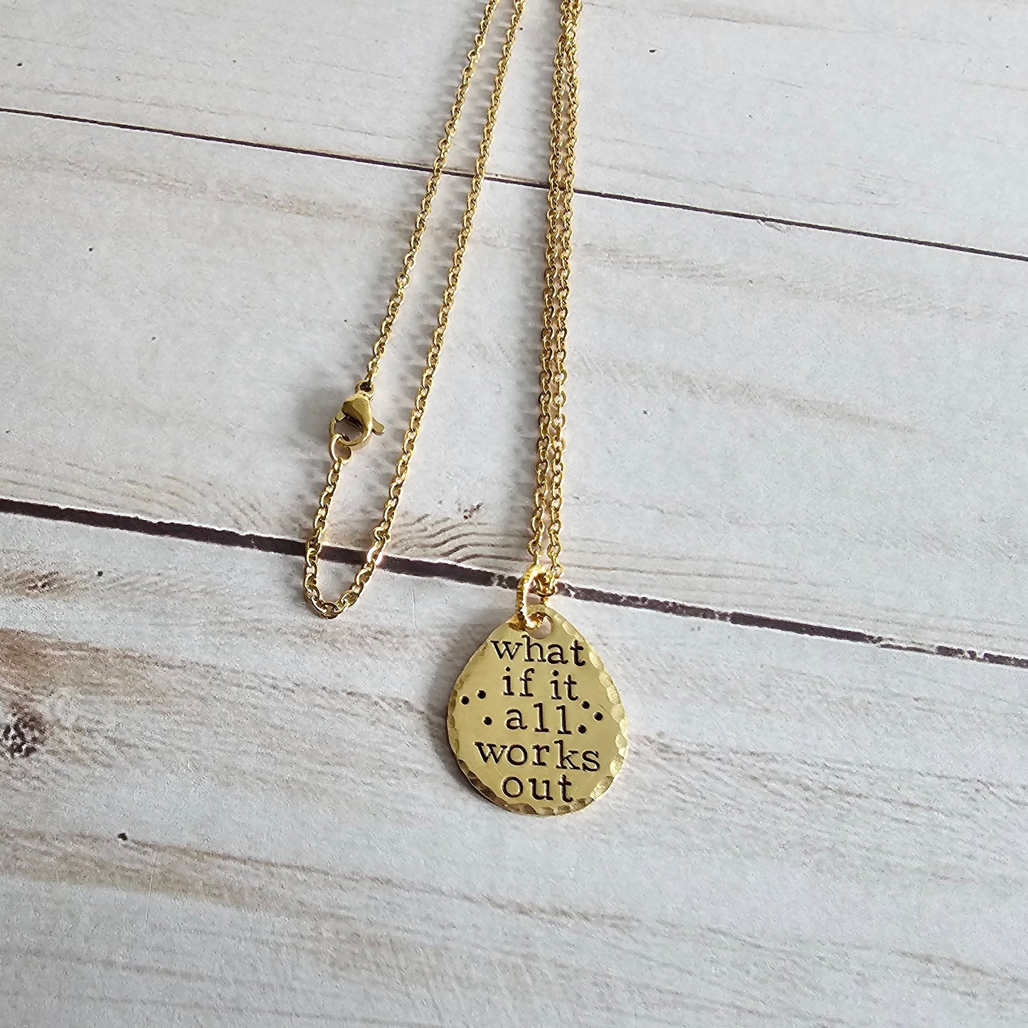 Brass Drop Necklace, Trendy Jewelry, Choose Your Saying - Just Breathe, Proud Mama, What If It All Works Out, You Are Loved