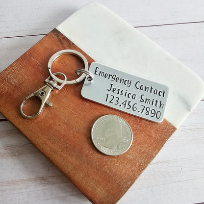 Custom Emergency Contact Metal Keychain, Keychain for Emergencies, Hand Stamped Metal Contact Information Key Chain, Children's Backpack Tag