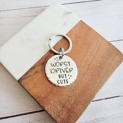 Worst Driver But Cute Keychain, Funny Sweet 16 Gift for Daughter, New Driver Key Chain