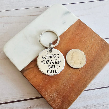 Worst Driver But Cute Keychain, Funny Sweet 16 Gift for Daughter, New Driver Key Chain