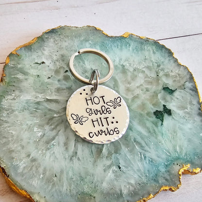 Hot Girls Hit Curbs Funny Handstamped Keychain, Bad Driver Keychains, Funny 18th Birthday Gifts, Cute Xmas Stocking Stuffers for Teens