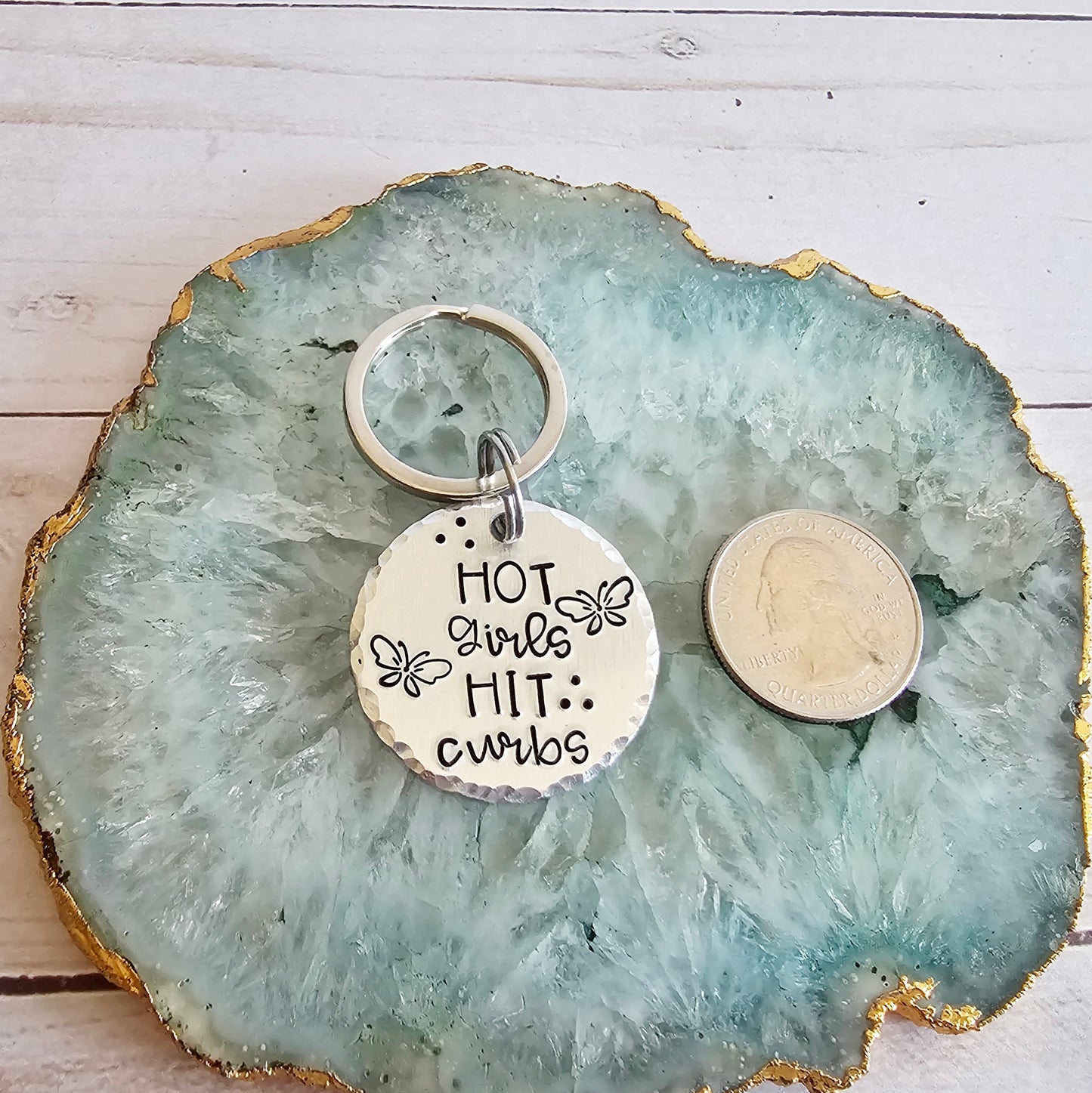 Hot Girls Hit Curbs Funny Handstamped Keychain, Bad Driver Keychains, Funny 18th Birthday Gifts, Cute Xmas Stocking Stuffers for Teens