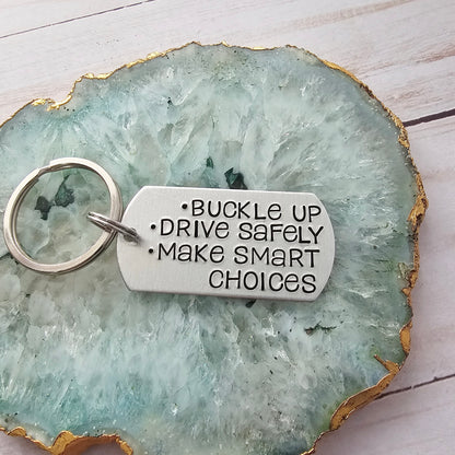 16th Birthday Gift for Daughter, Buckle Up Drive Safely Make Smart Choices, Handstamped Custom Keychain, Personalized Name and Birthstone