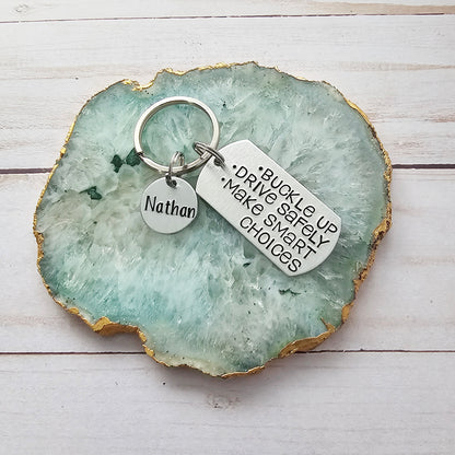 16th Birthday Gift for Daughter, Buckle Up Drive Safely Make Smart Choices, Handstamped Custom Keychain, Personalized Name and Birthstone