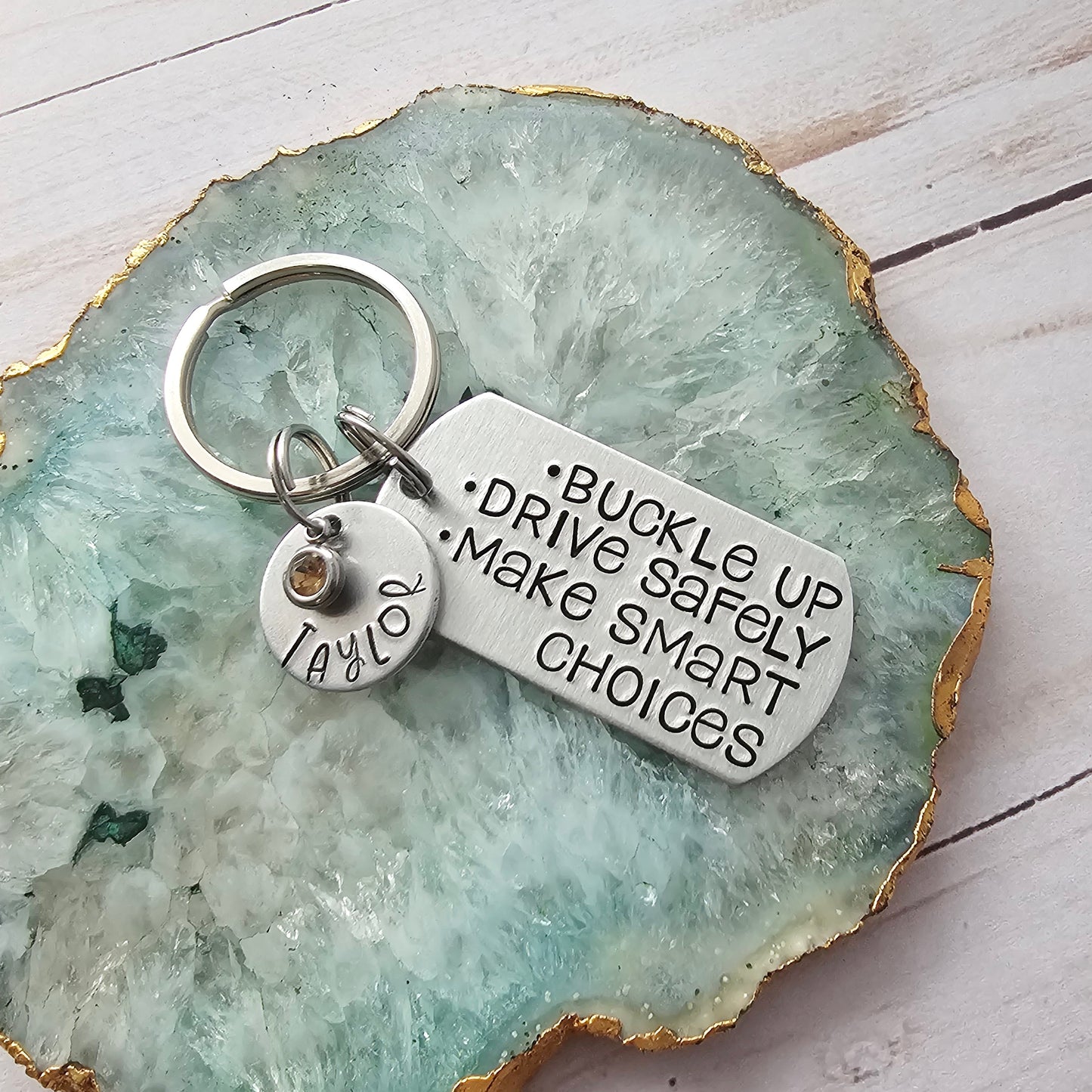 16th Birthday Gift for Daughter, Buckle Up Drive Safely Make Smart Choices, Handstamped Custom Keychain, Personalized Name and Birthstone