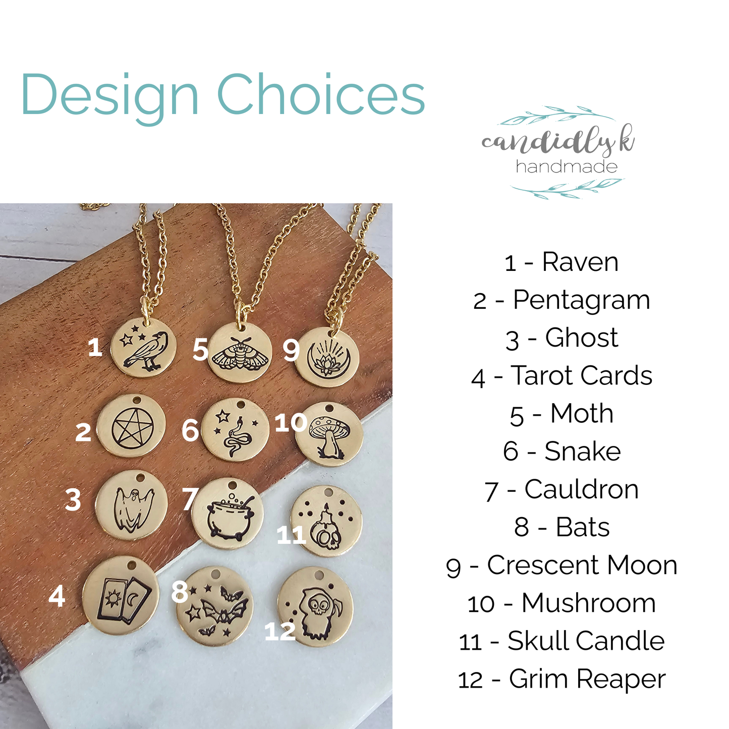 Lil Spookies Tiny Brass Disc Necklace with Spooky Designs