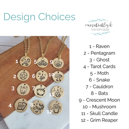 Lil Spookies Tiny Brass Disc Necklace with Spooky Designs