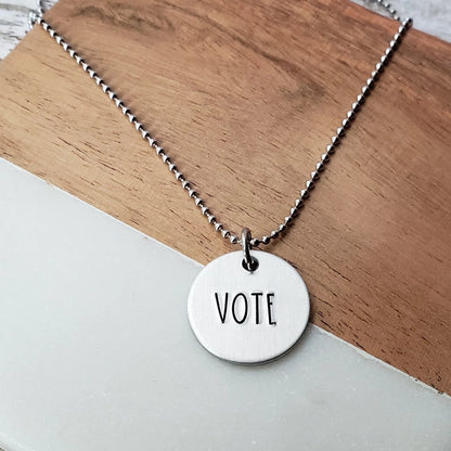 Vote Hand Stamped Necklace  Michelle Obama Vote Pendant