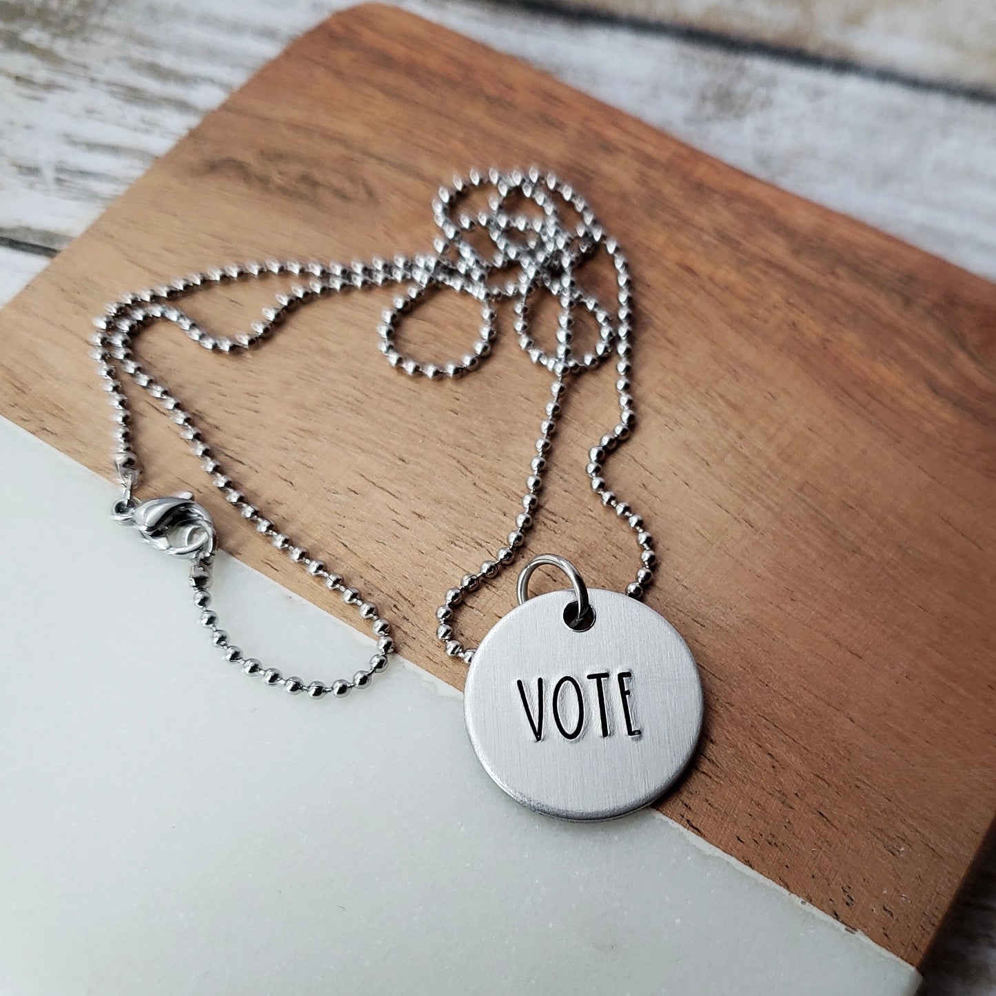 Vote Hand Stamped Necklace  Michelle Obama Vote Pendant