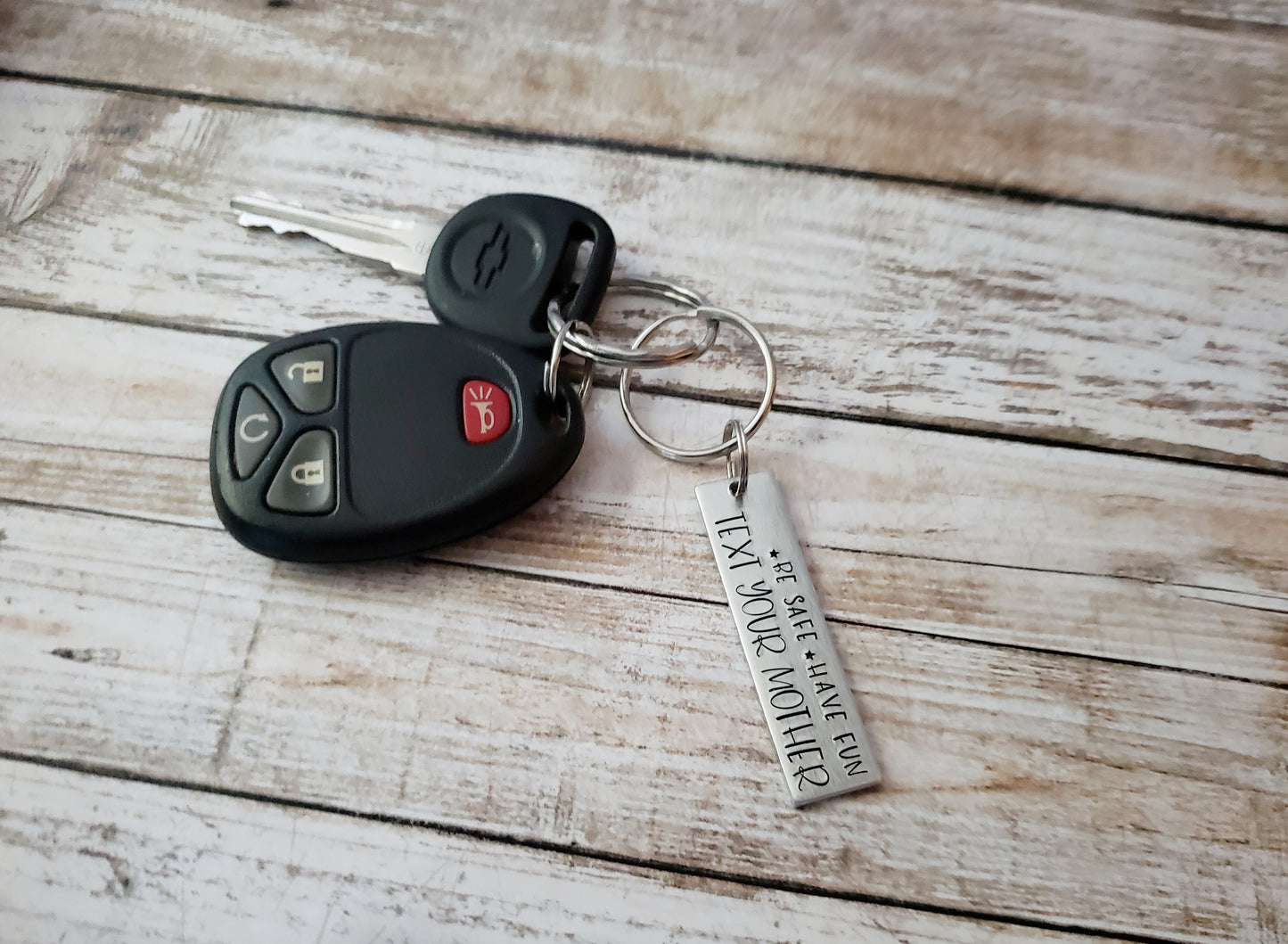Be Safe Have Fun Text Your Mother Key Chain, Cute Reminders for Your Kids, Metal Stamped Keychain, Gift for New Drivers