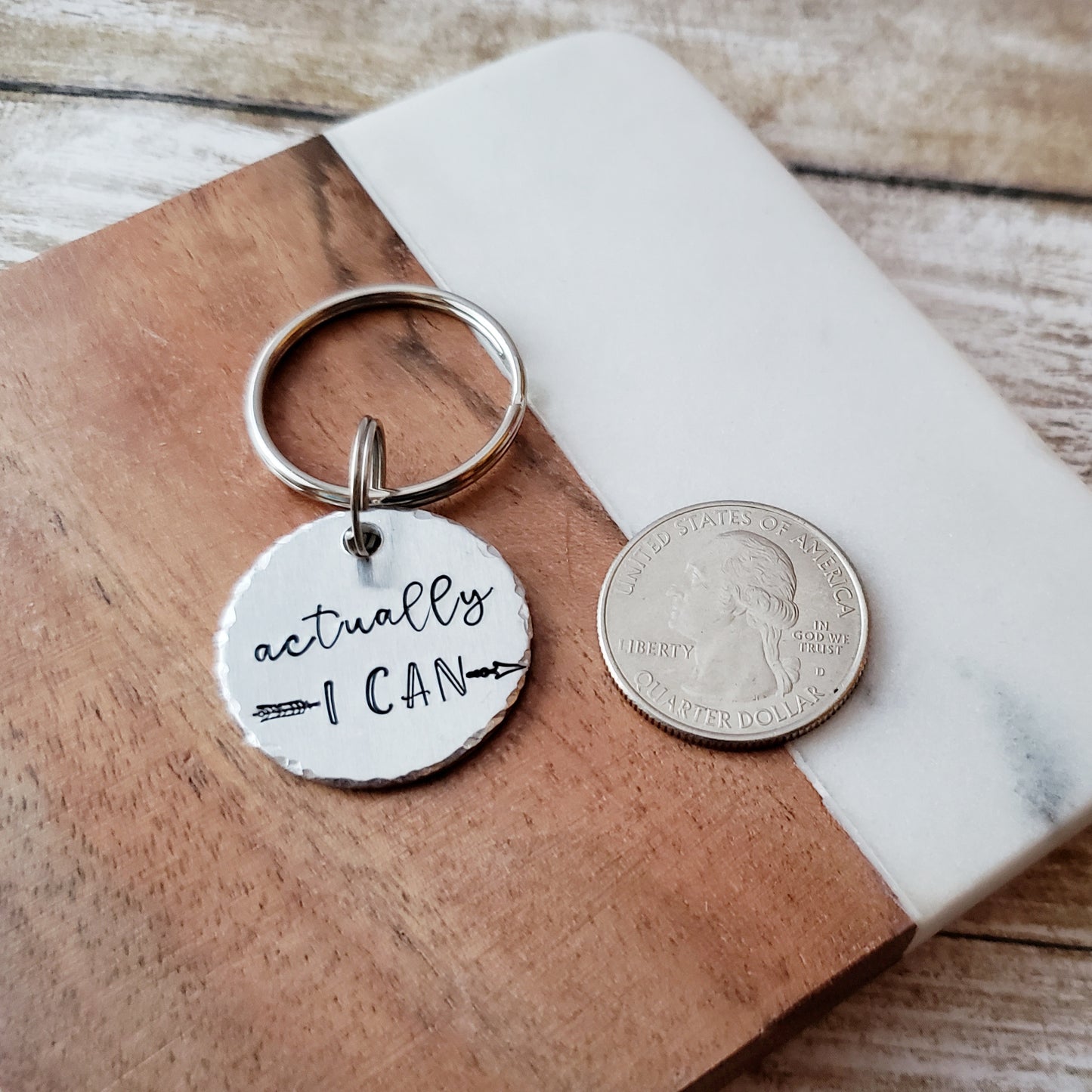 Actually I Can Keychain, Hand Stamped Round Keychain, Cute Small Gifts for Women