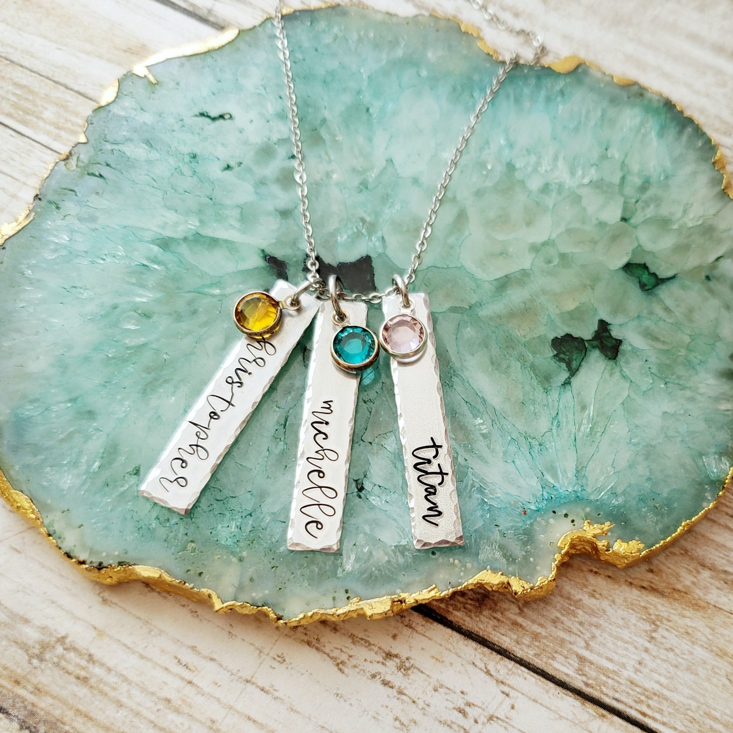 Name and Birthstone Bar Necklace with Hammered Edge - Up To 3 Bars and Birthstones