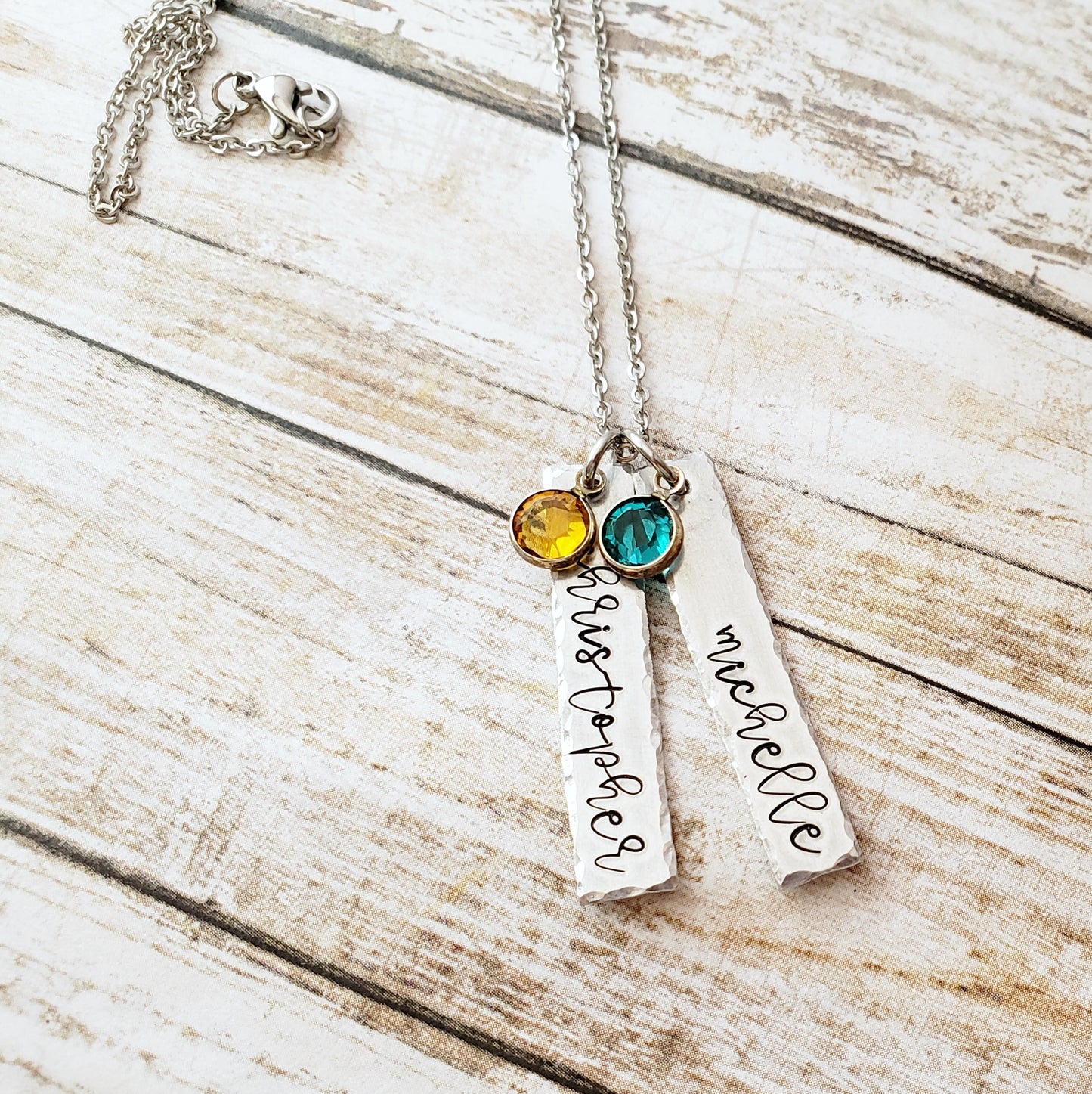 Name and Birthstone Bar Necklace with Hammered Edge - Up To 3 Bars and Birthstones