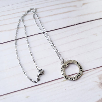 Good Things Are Coming Pewter Washer Necklace