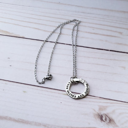 Good Things Are Coming Pewter Washer Necklace