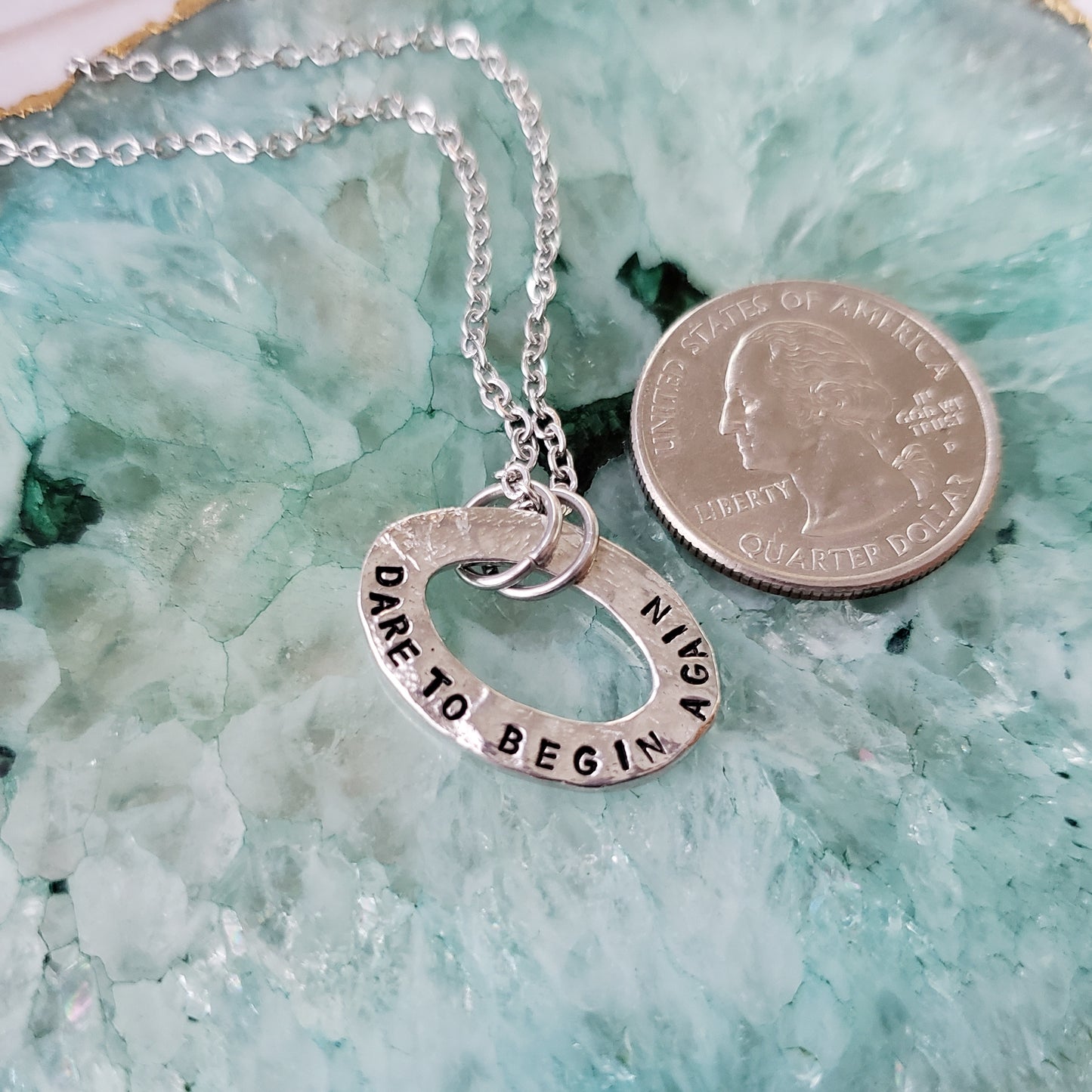 Dare To Begin Again Pewter Washer Necklace