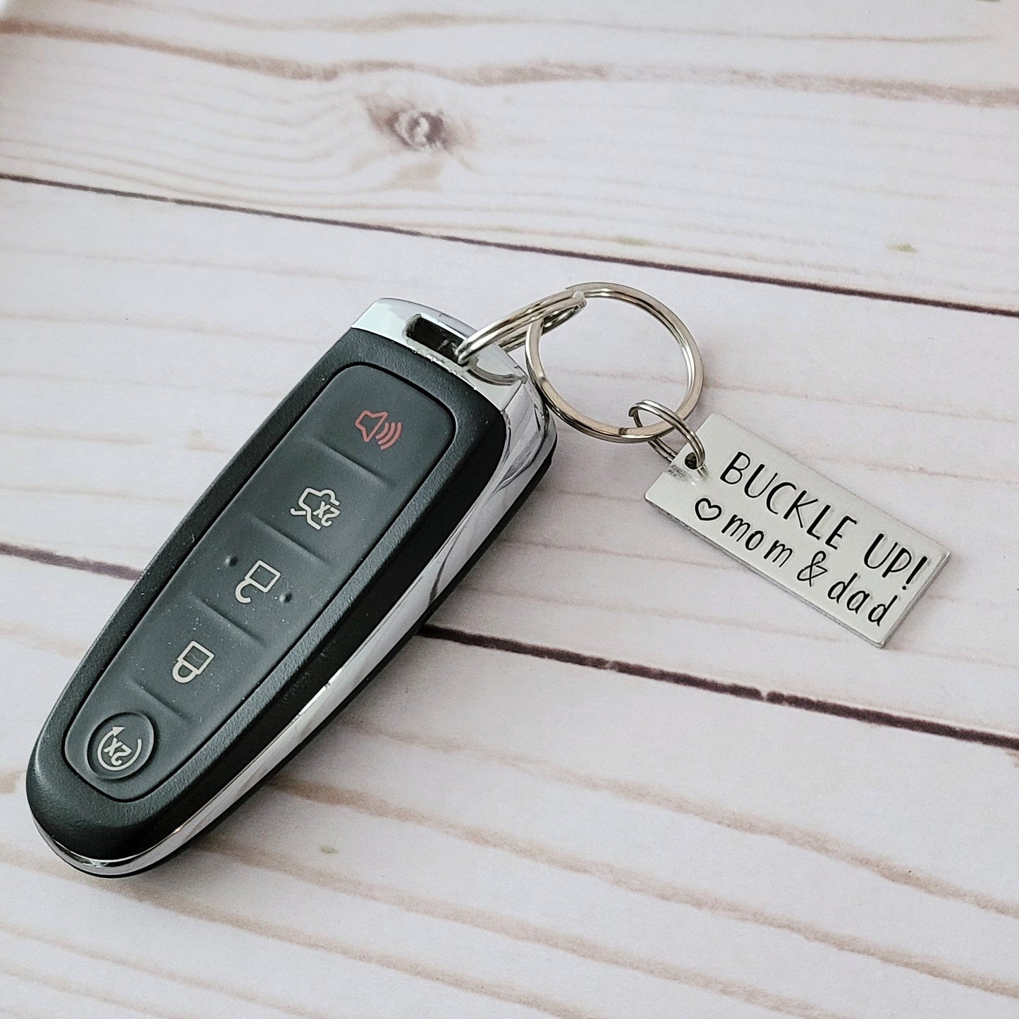 Buckle Up! Love Mom & Dad Keychain, Sweet 16 Keychain for Teen Son or Daughter, Hand Stamped Car Key Chain