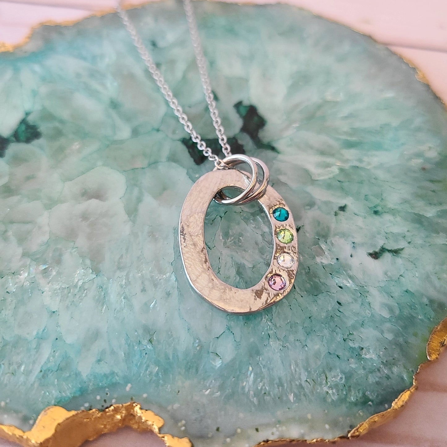 Oval Pewter Washer with Birthstones Necklace