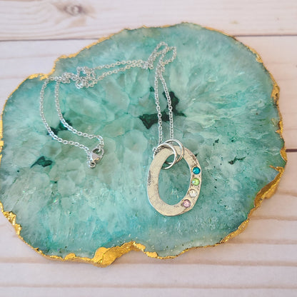 Oval Pewter Washer with Birthstones Necklace