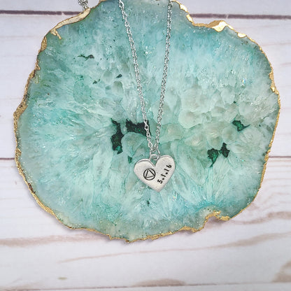 Sobriety Symbol and Date Heart Shaped Necklace