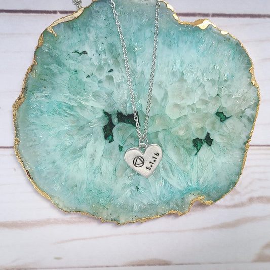Sobriety Symbol and Date Heart Shaped Necklace