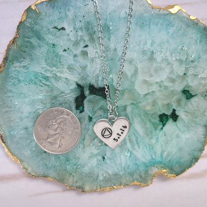 Sobriety Symbol and Date Heart Shaped Necklace