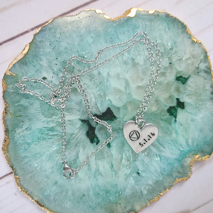 Sobriety Symbol and Date Heart Shaped Necklace