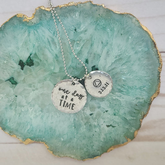 One Day At a Time Sobriety Symbol and Date Necklace