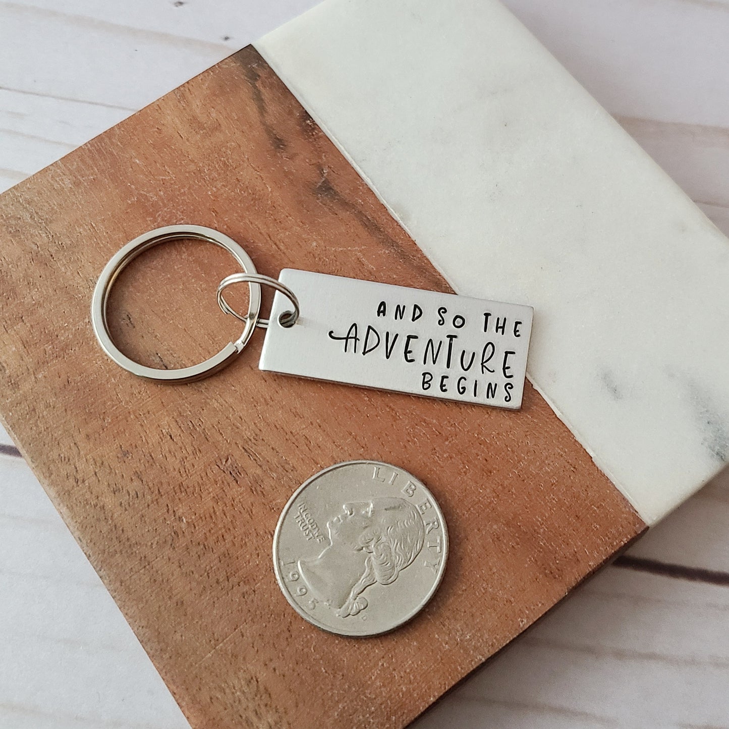 And So The Adventure Begins Keychain, Cute Handstamped Keychain, New Beginnings Gift