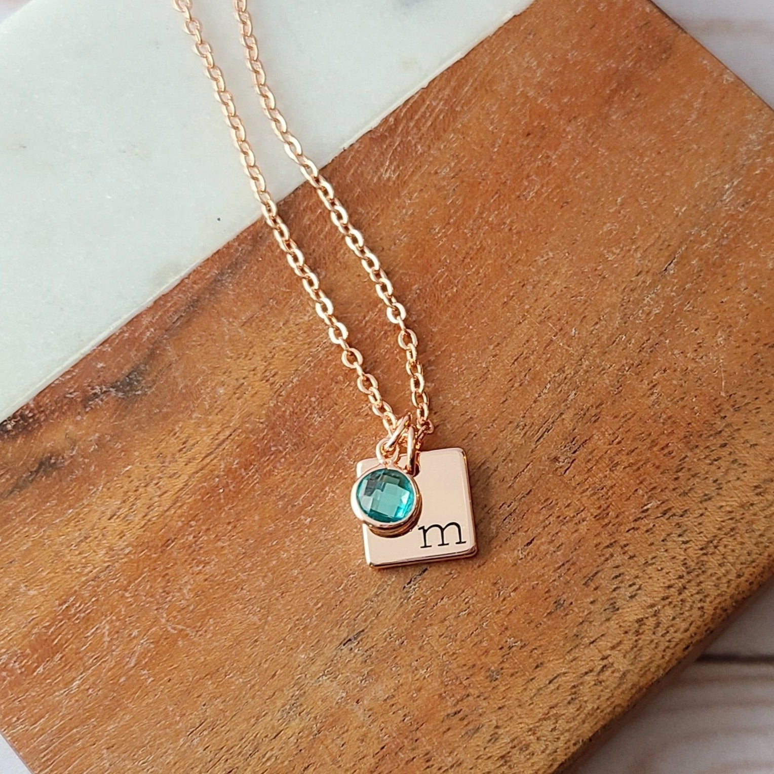Tiny Rose Gold Plated Square Hand Stamped with Initial and a Birthstone Charm