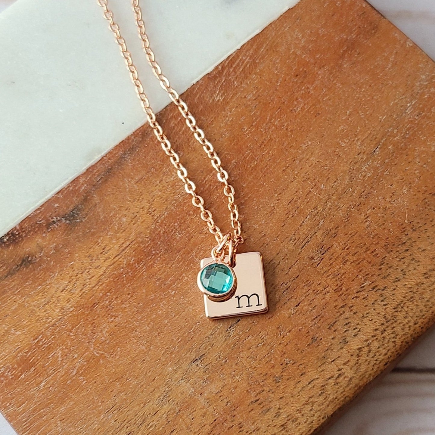 Tiny Rose Gold Plated Square Hand Stamped with Initial and a Birthstone Charm