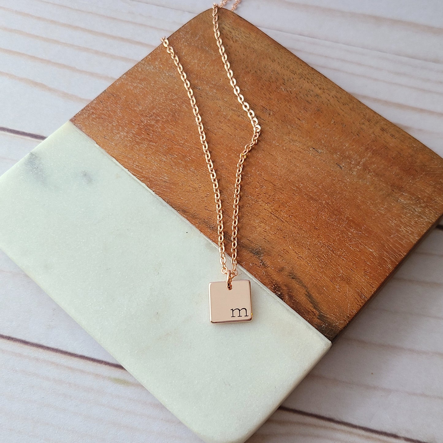 Tiny Rose Gold Square Initial Necklace with Birthstone