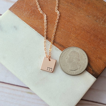 Tiny Rose Gold Square Initial Necklace with Birthstone