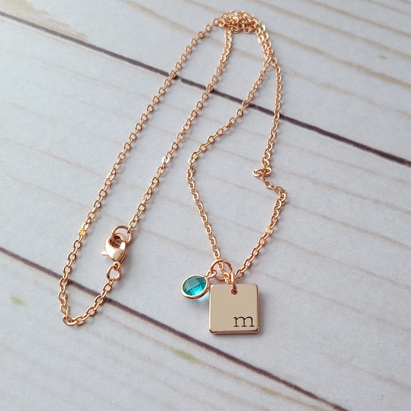 Tiny Rose Gold Square Initial Necklace with Birthstone