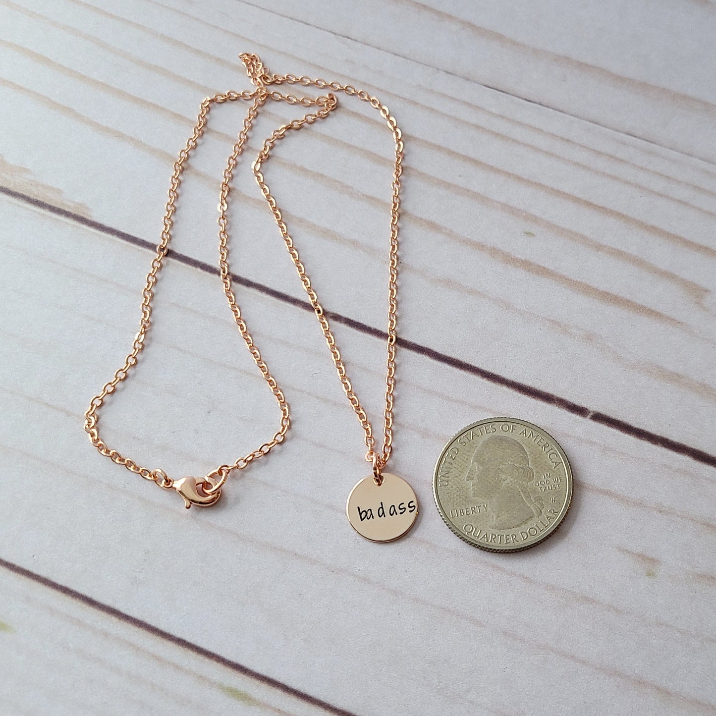 Tiny Rose Gold Badass Disc Necklace - Choose Your Word