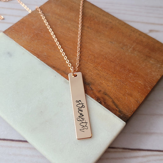 Rose Gold Plated Strength w/ Birthstone Necklace - Choose Your Text