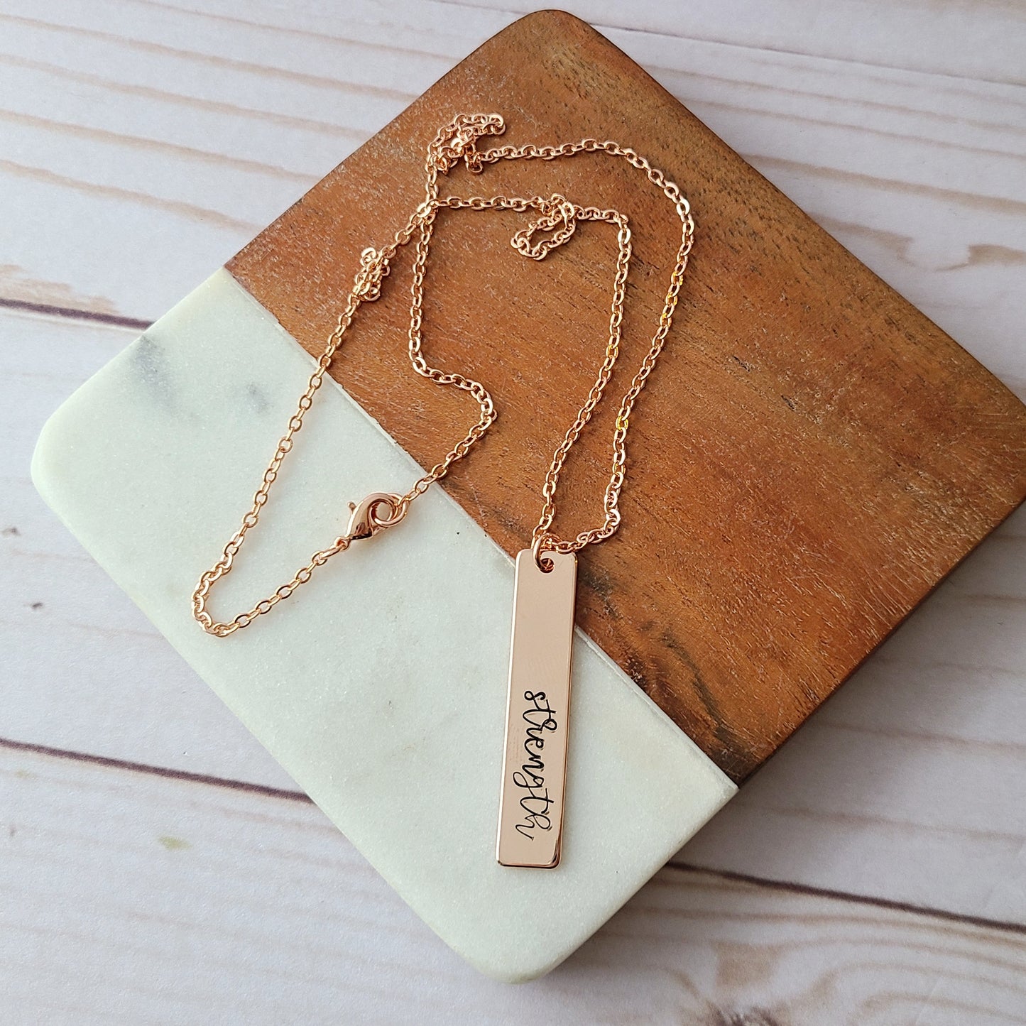 Rose Gold Plated Strength w/ Birthstone Necklace - Choose Your Text