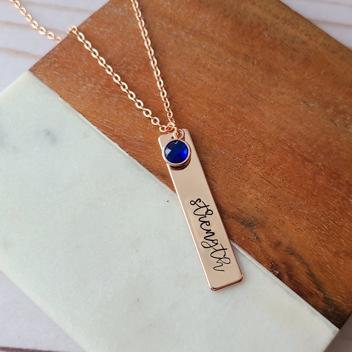 Rose Gold Plated Strength w/ Birthstone Necklace - Choose Your Text