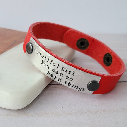 Beautiful Girl You Can Do Hard Things - Red Leather Cuff Bracelet