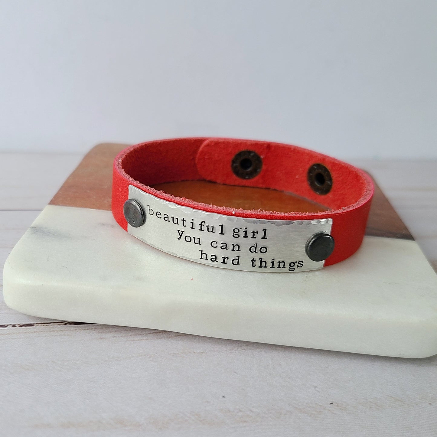 Beautiful Girl You Can Do Hard Things - Red Leather Cuff Bracelet