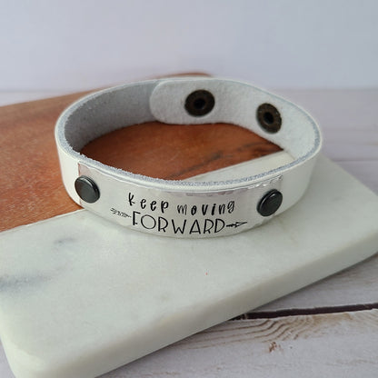 Keep Moving Forward - White Leather Cuff Bracelet