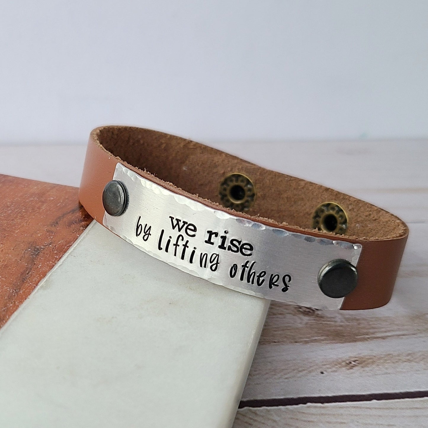 We Rise By Lifting Others - Natural Tan Leather Cuff Bracelet