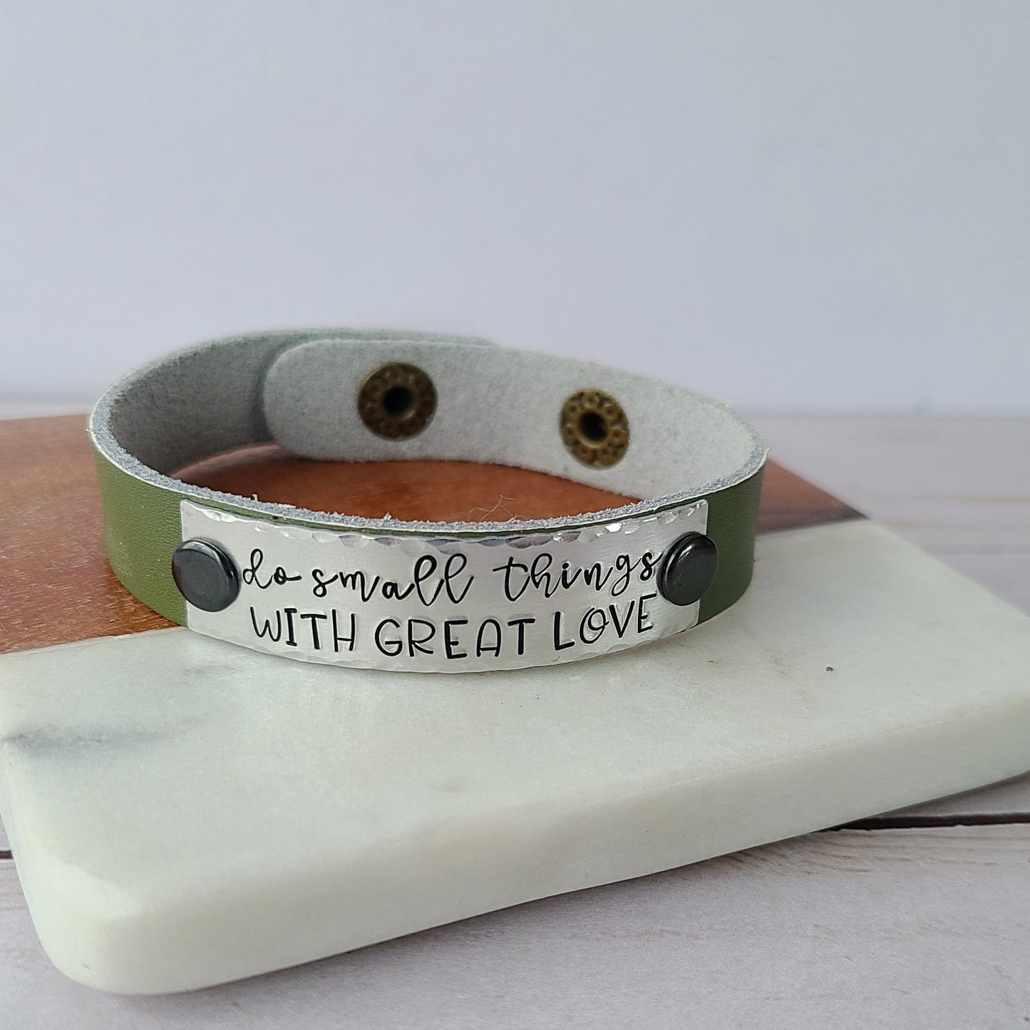 Do Small Things With Great Love - Olive Green Leather Cuff Bracelet